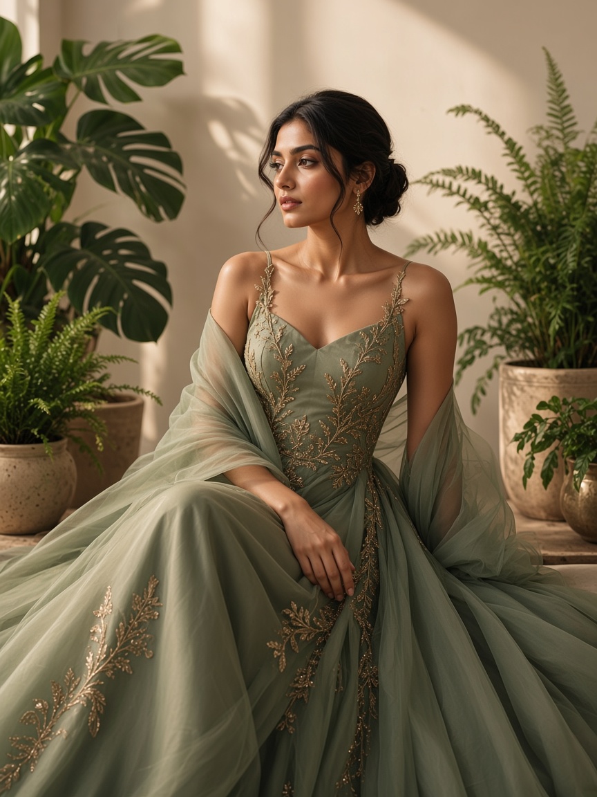 Reshma, founder of Vestaura, in a sage-green embroidered gown.