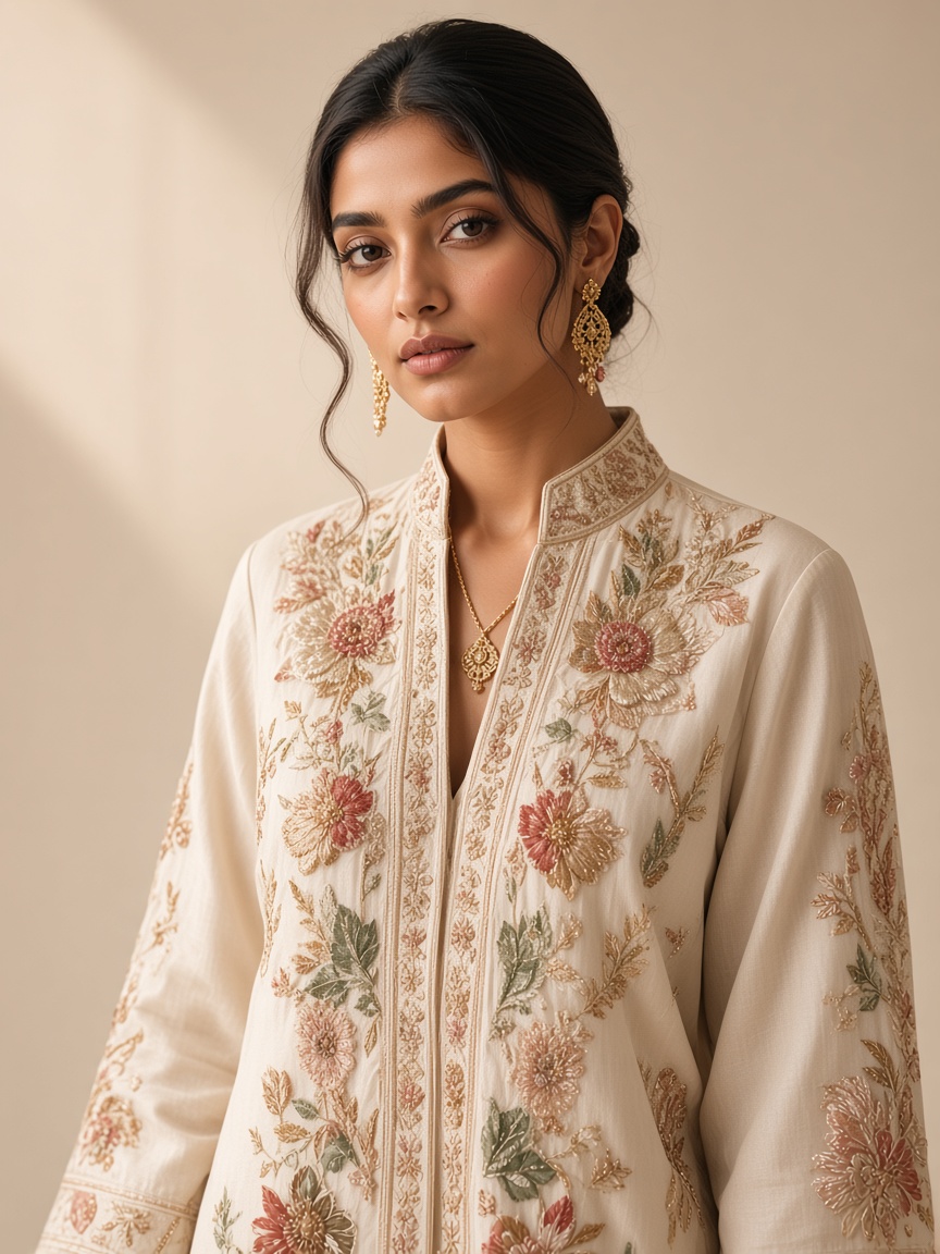 Contemporary ethnicwear with ivory embroidery.