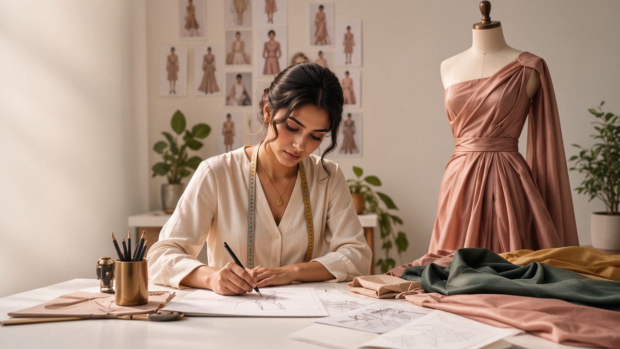Reshma, founder of Vestaura Fashion Studio, sketching garment patterns at her atelier table beside a dress form in a dusty rose gown.