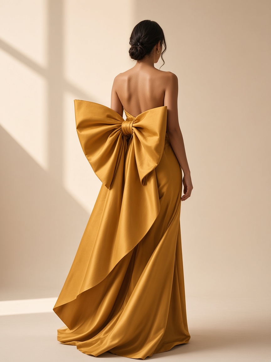 Mustard satin custom creation with a sculptural bow.