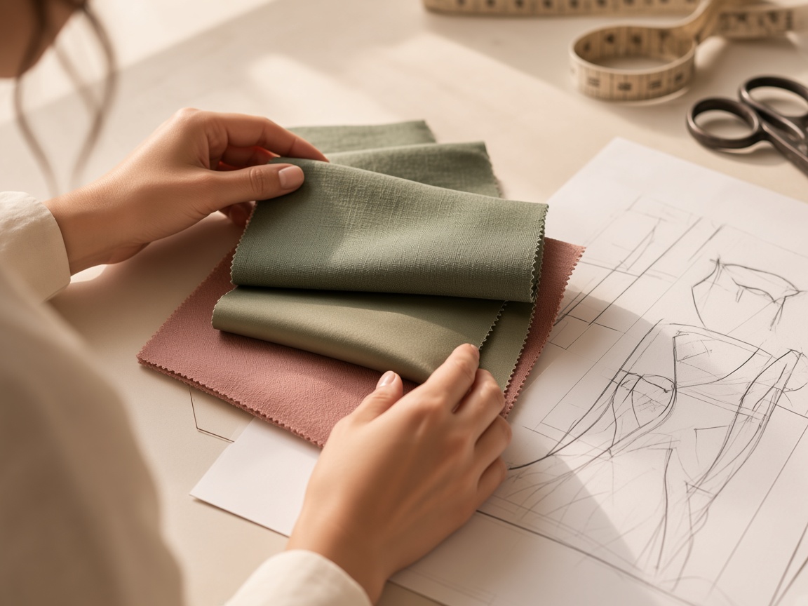 Fabric swatches and pattern sketches in the Vestaura fashion lab.