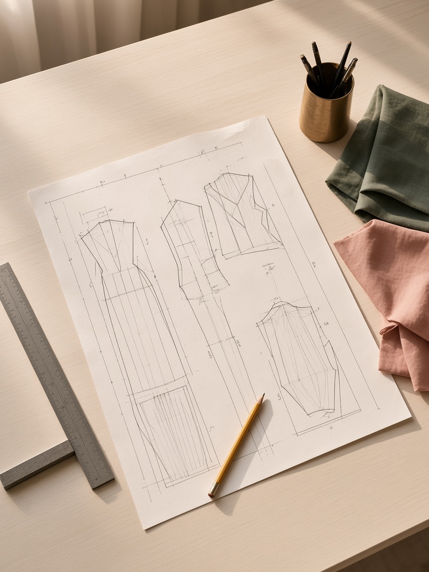 Technical garment sketches and pattern paper.