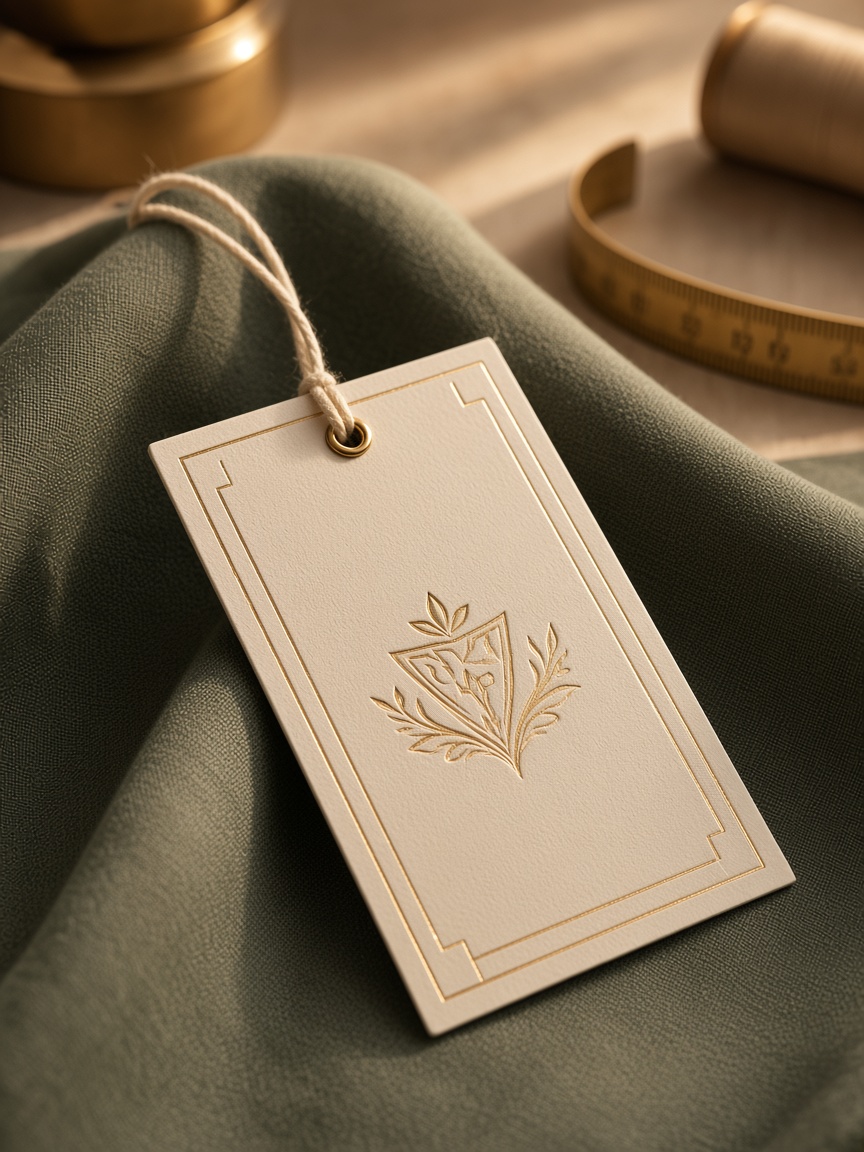 A Vestaura sampling hang tag on sage fabric.